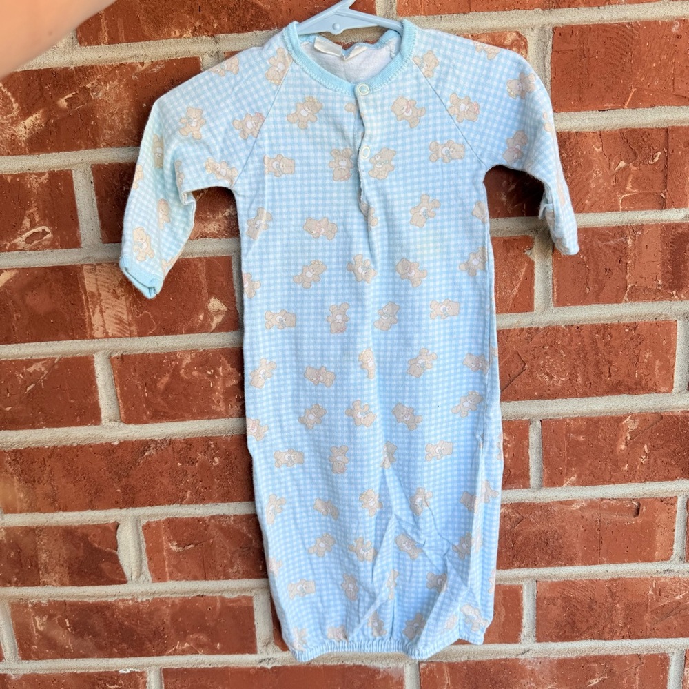 Vintage Kids Light Blue Gingham Bear Sleep Gown Pajamas